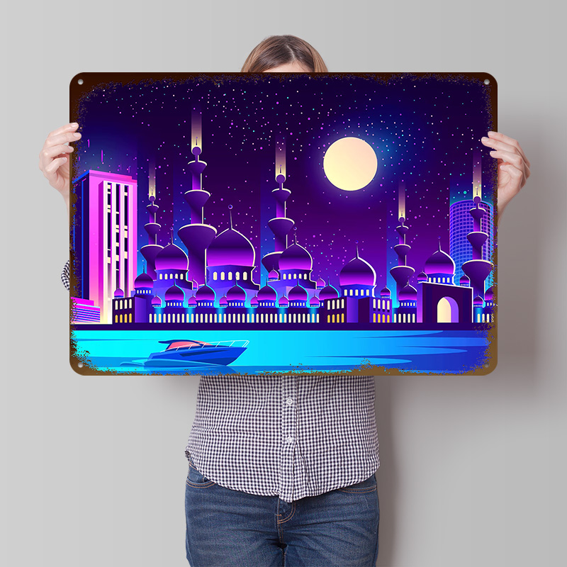 Home Office Dubai - Poster in Metallo Synthwave Neon City
